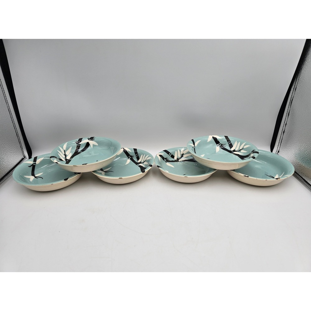 Weil Ware Bamboo berry Bowls Set of 6 Turquoise Blue MCM Fair Condition 5.5in